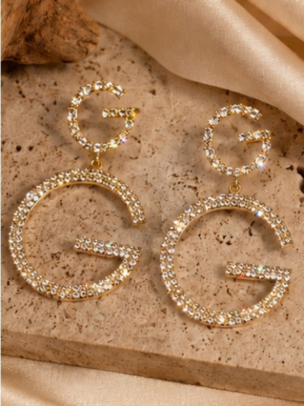 Designer Inspired Rhinestone G Drop Earrings